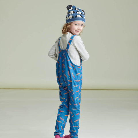 girl wearing blue printed dungarees from the bonnie mob