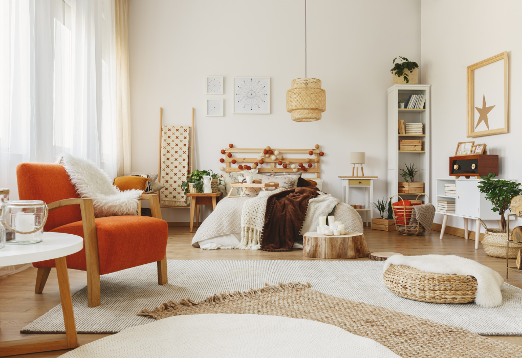 Bedroom with wooden decor pieces