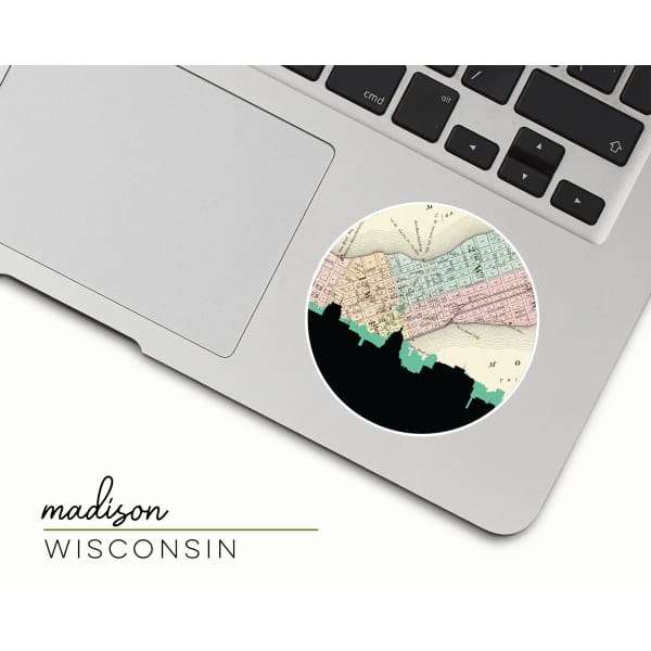 Madison Wisconsin city skyline with vintage Madison map - Sticker - City Map Skyline