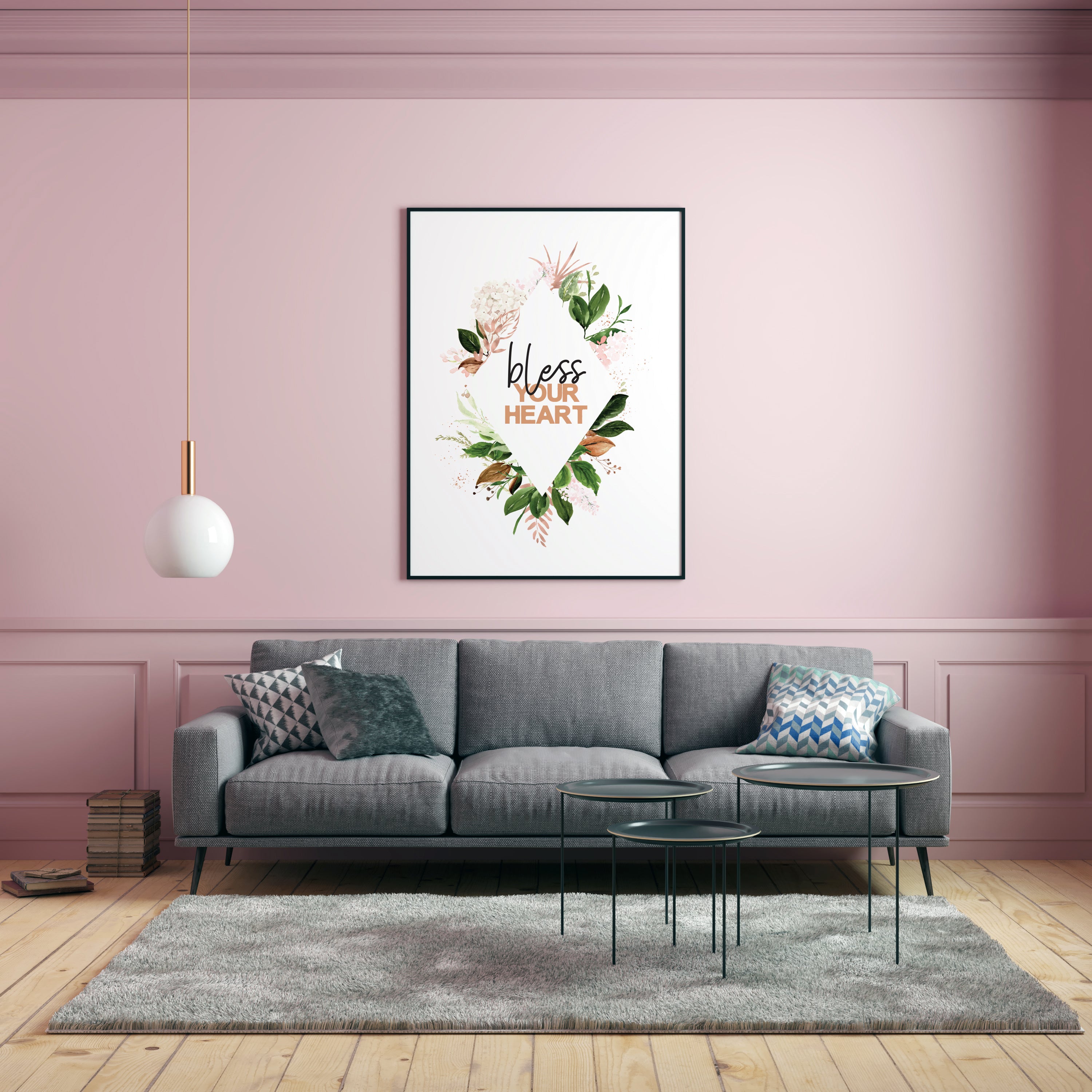 Bless your heart floral art print in pink room