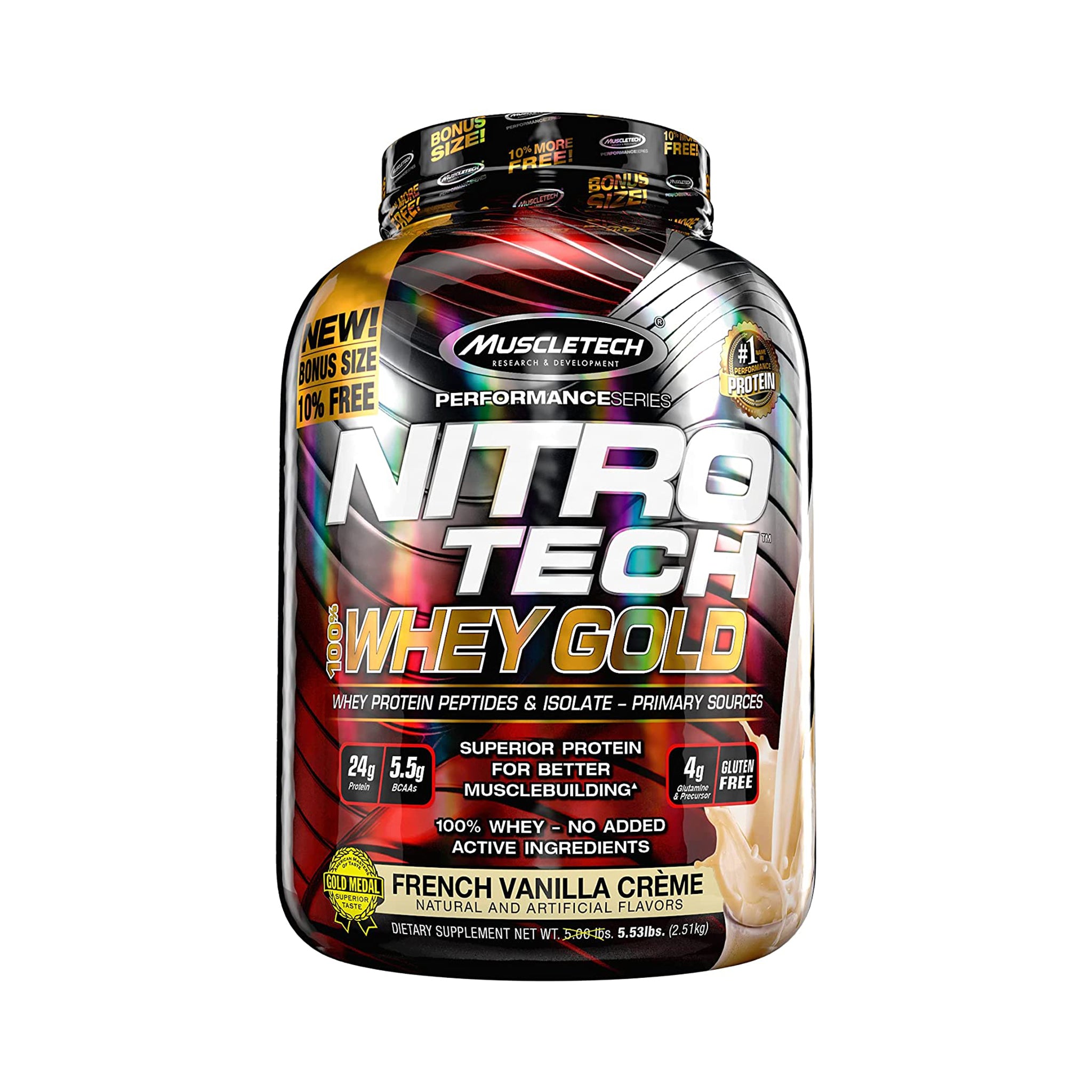 MuscleTech NitroTech Whey Gold, 100% Whey Protein Powder - French Vanilla Creme - 5.54 lbs