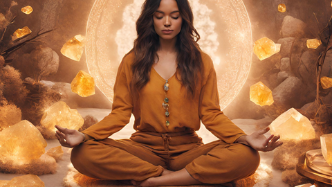 woman meditating with citrine crystals