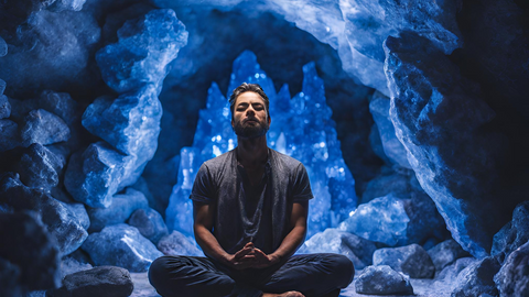 man meditating in a sodalite crystal cave