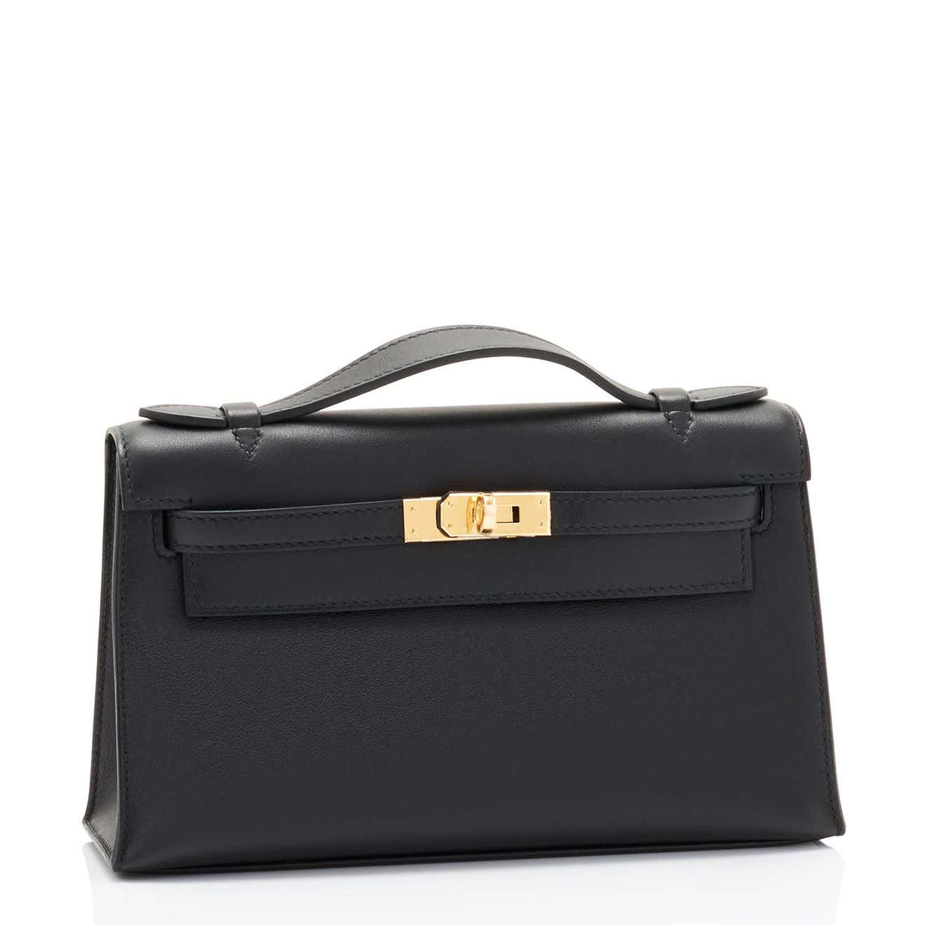 Hermes Kelly Pochette Bag Black Swift Clutch Gold Hardware – Mightychic