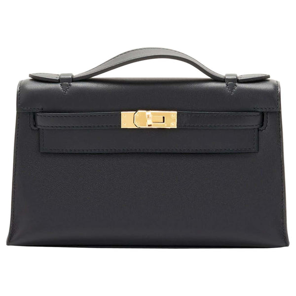 Hermes Kelly Pochette Black Swift Gold Hardware Clutch Cut Bag - Chicjoy