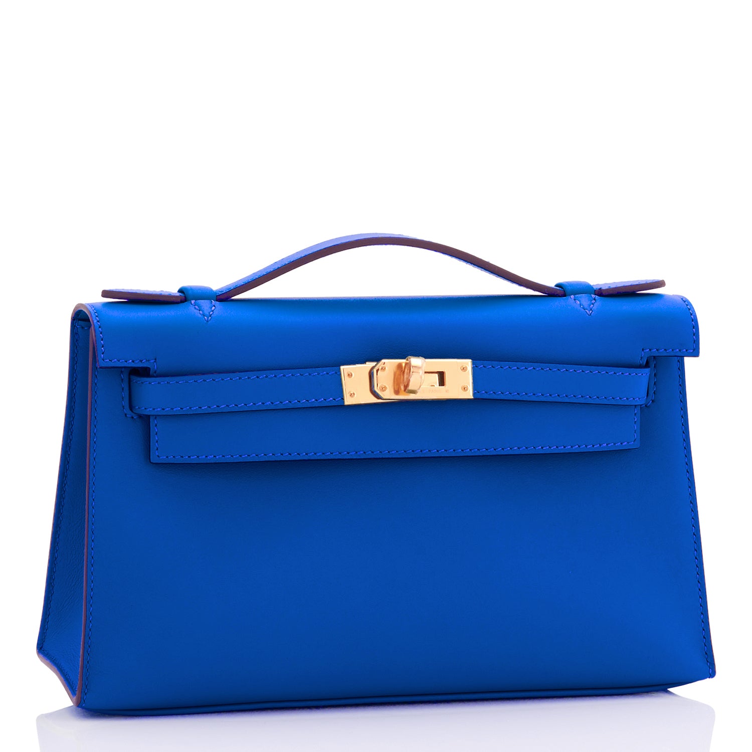 Hermes Kelly Pochette Blue Frida Gold Hardware Clutch Cut Bag Y