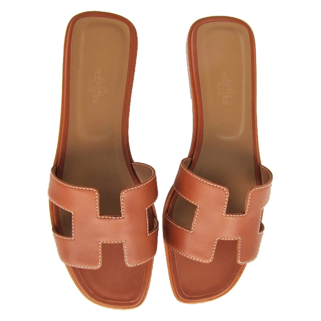 Hermes Gold Oran Box Leather Sandals Shoes Size 40 or 9.5 Iconic - Chicjoy