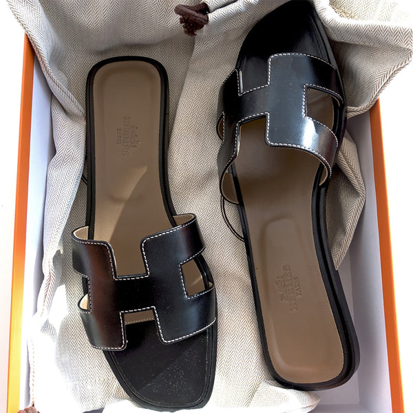 Hermes  Oran  Black Box Leather Sandals  White Stitching Size 