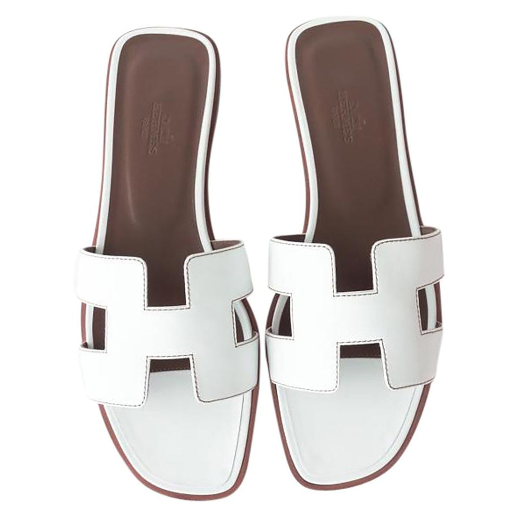 Hermes White Oran Leather Box Calfskin Sandals 39 - Chicjoy