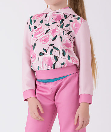 pink hoodie with rose prints and pink sweatpants