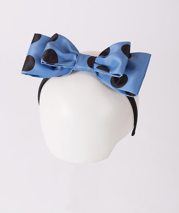 ocean blue double bow headband with black polka dots