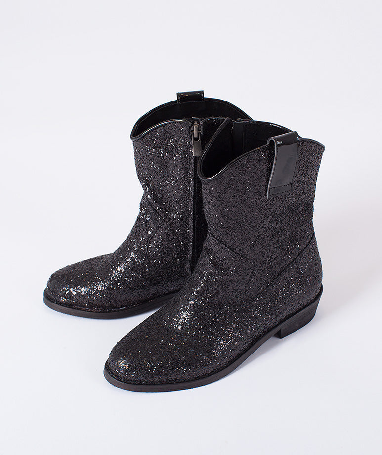 Product Image of Kids Black Glitter Cowboy Boots #1