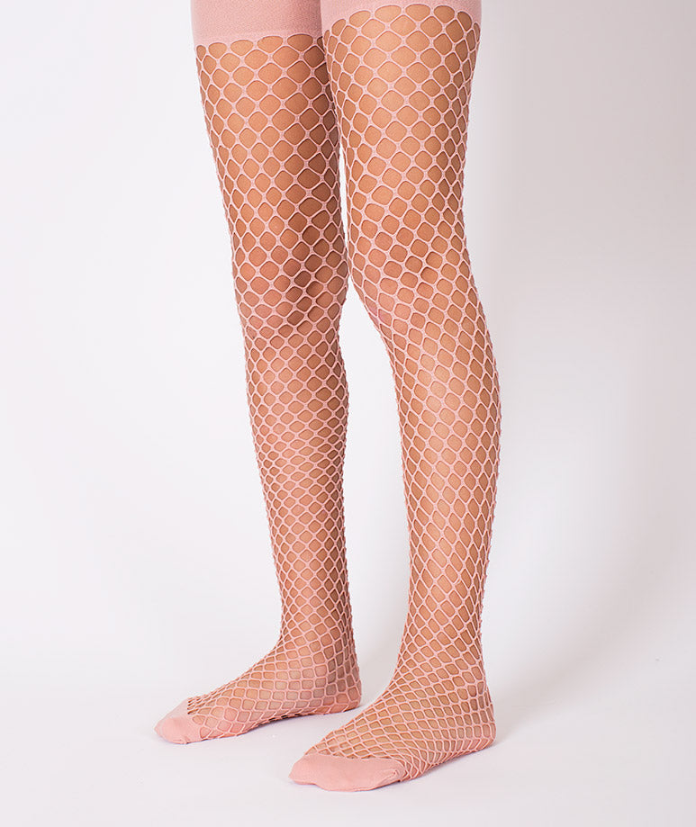 Product Image of Salmon Pink Fishnet Kids Tights #1