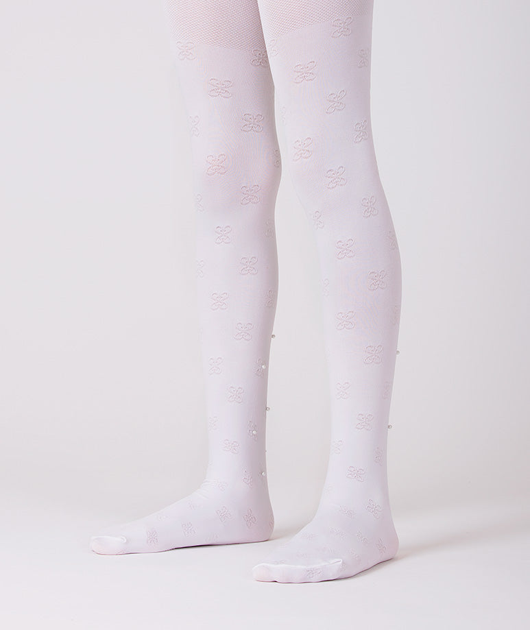 Product Image of White Butterfly Kids Tights with Pearls #1