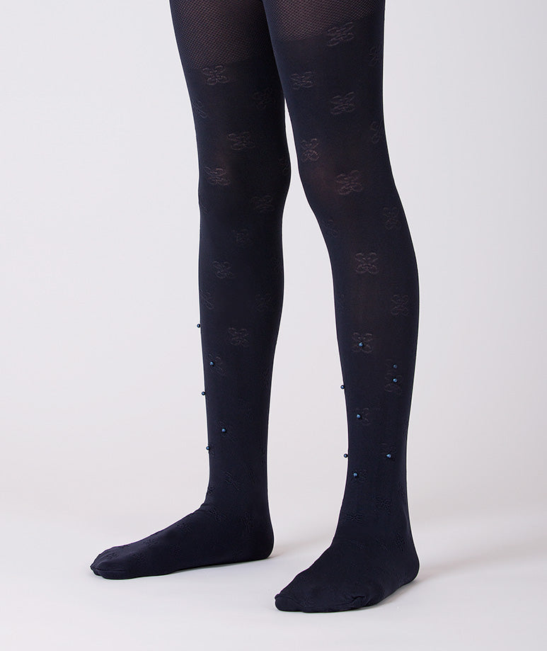 Product Image of Navy Butterfly Kids Tights with Pearls #1