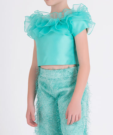 mint ruffled blouse and shimmery feathered pants