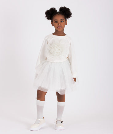 Elegant white tulle outfit for girls featuring a floral 3D applique