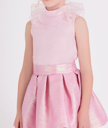 pink organza blouse and jacquard skirt