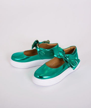 green metallic bow shoes