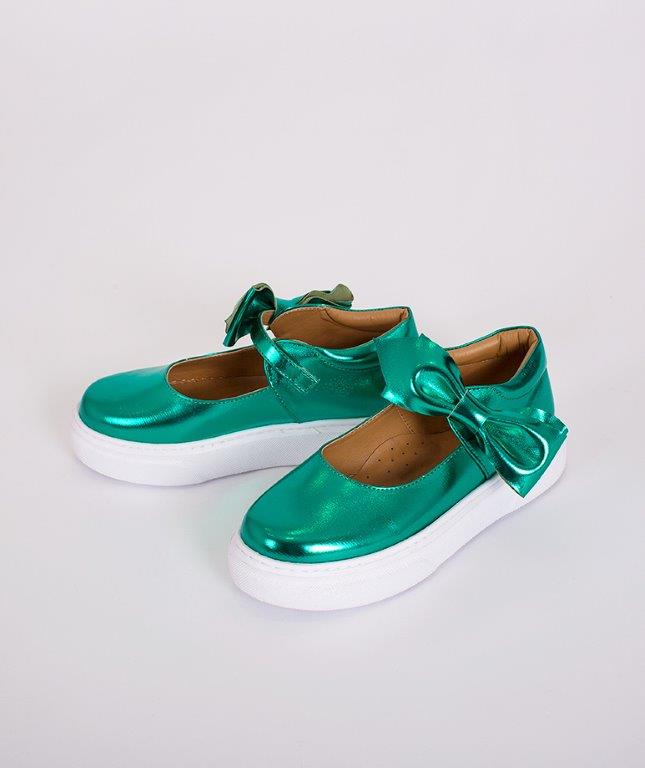 Product Image of Green Metallic Bow Kids Shoes #1