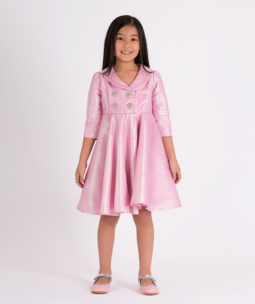 pink jacquard dress with sparkling buttons