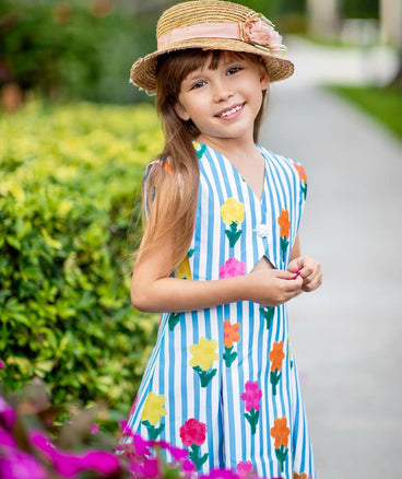 blue striped dress with colorful flower prints
