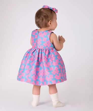 blue baby dress with pink flower prints