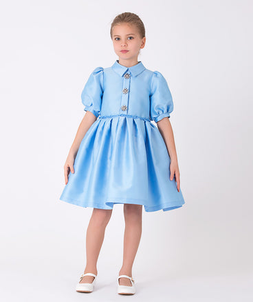 blue balloon sleeved dress for kids
