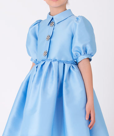 blue balloon sleeved dress with crystal buttons