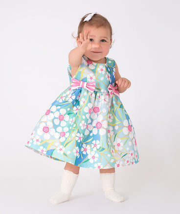 blue floral baby dress with pink striped bows