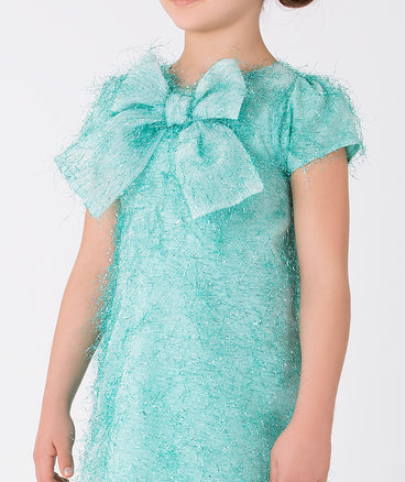 blue shimmery feathered bow dress