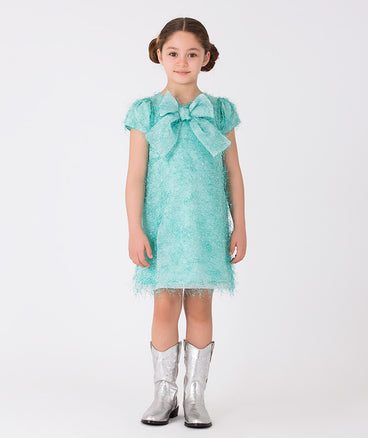blue shimmery feathered bow dress for kids