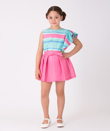 blue striped ruffled blouse and pink skirt with a bow