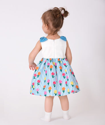blue striped baby dress with colorful flower prints