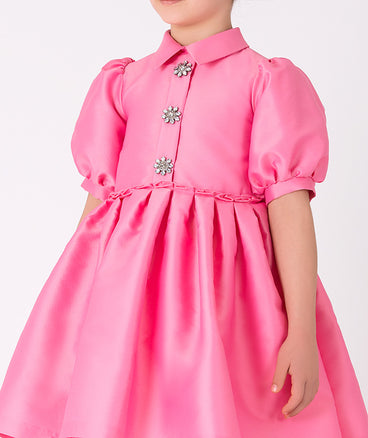 fuschia balloon sleeved dress with crystal buttons