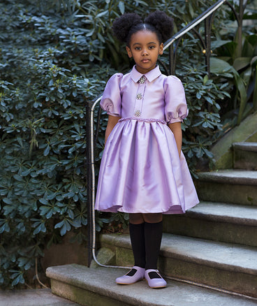 lilac balloon sleeved dress with sparkling buttons