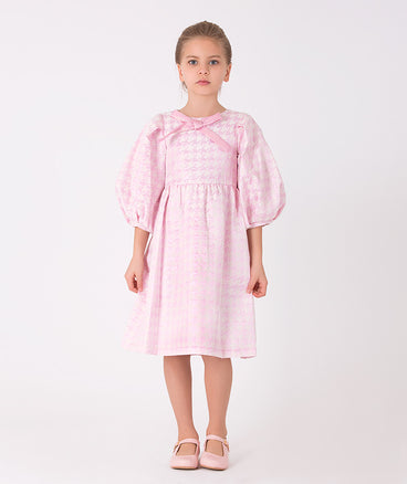long pink bow houndstooth dress