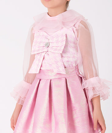 pink houndstooth sheer blouse and jacquard skirt