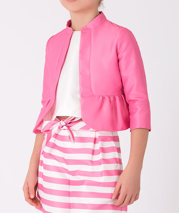 pink jacket and stripes pants with a bow 