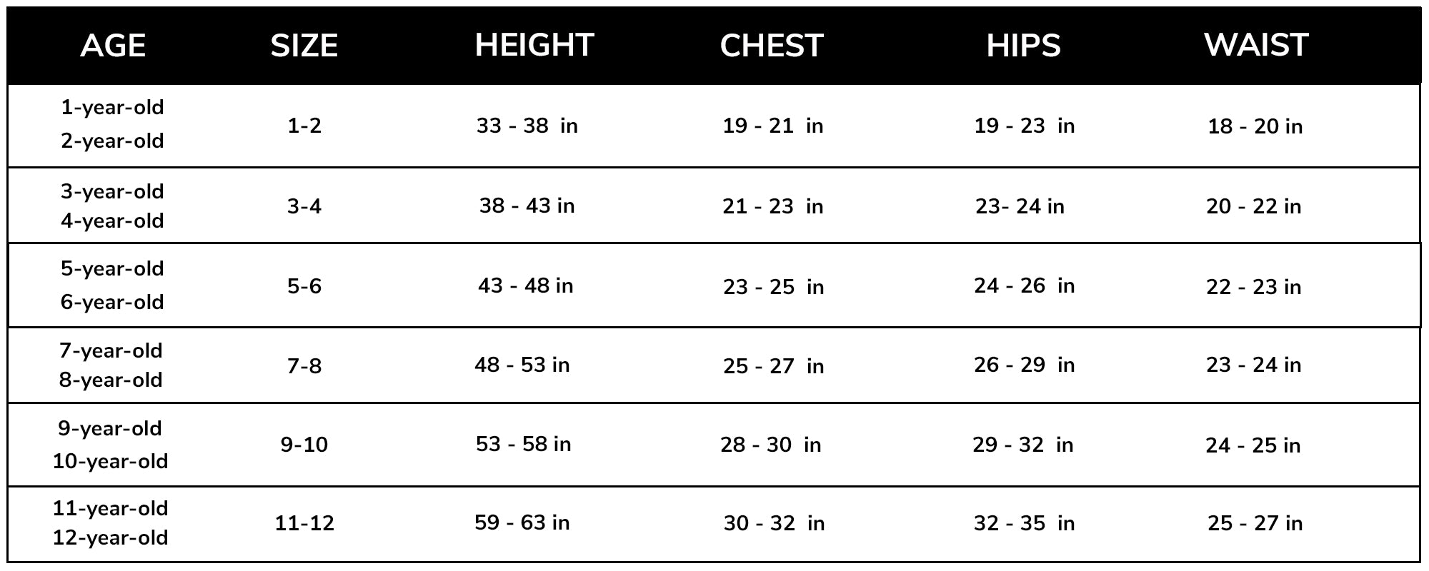 Size Chart 6 Inches