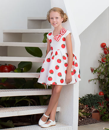 tomato printed dress with a striped bow on the shoulder