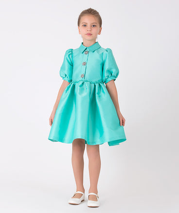 turquoise balloon sleeved dress for kids
