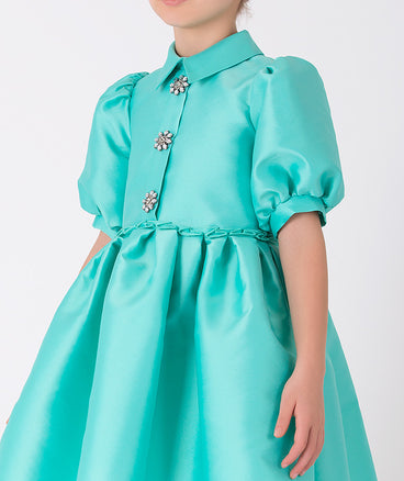 turquoise balloon sleeved dress with crystals buttons
