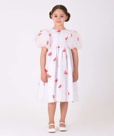 white balloon sleeved dress with flamingo embroideries