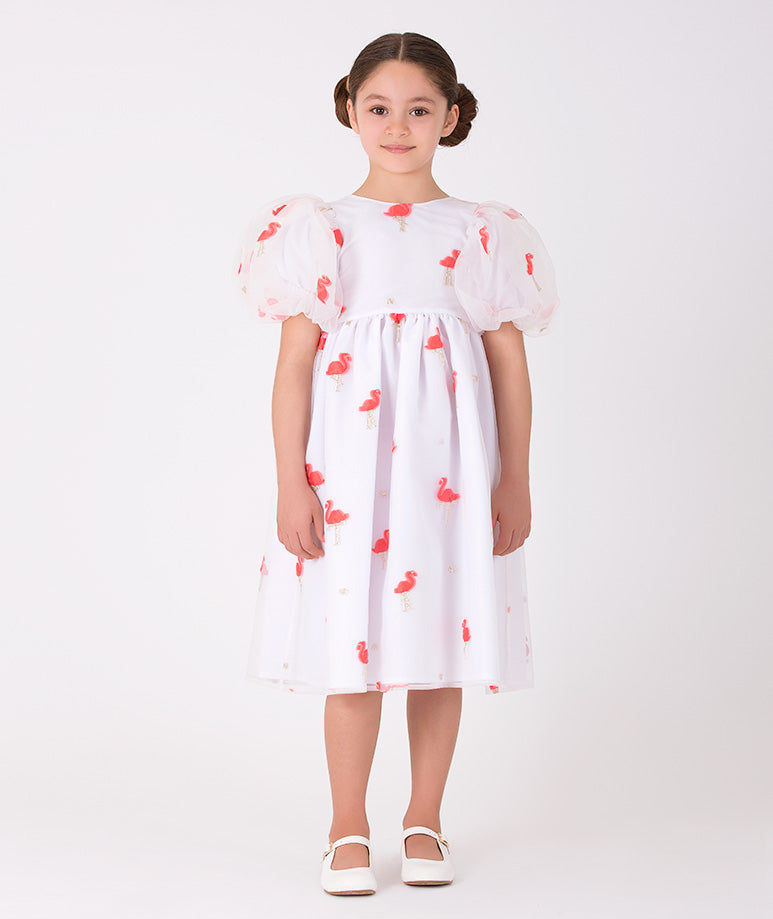 Product Image of Organza Balloon Sleeve Flamingo Dress #2