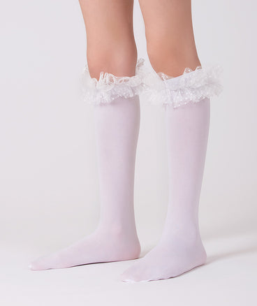 White mid-calf socks for girls with organza ruffles detail