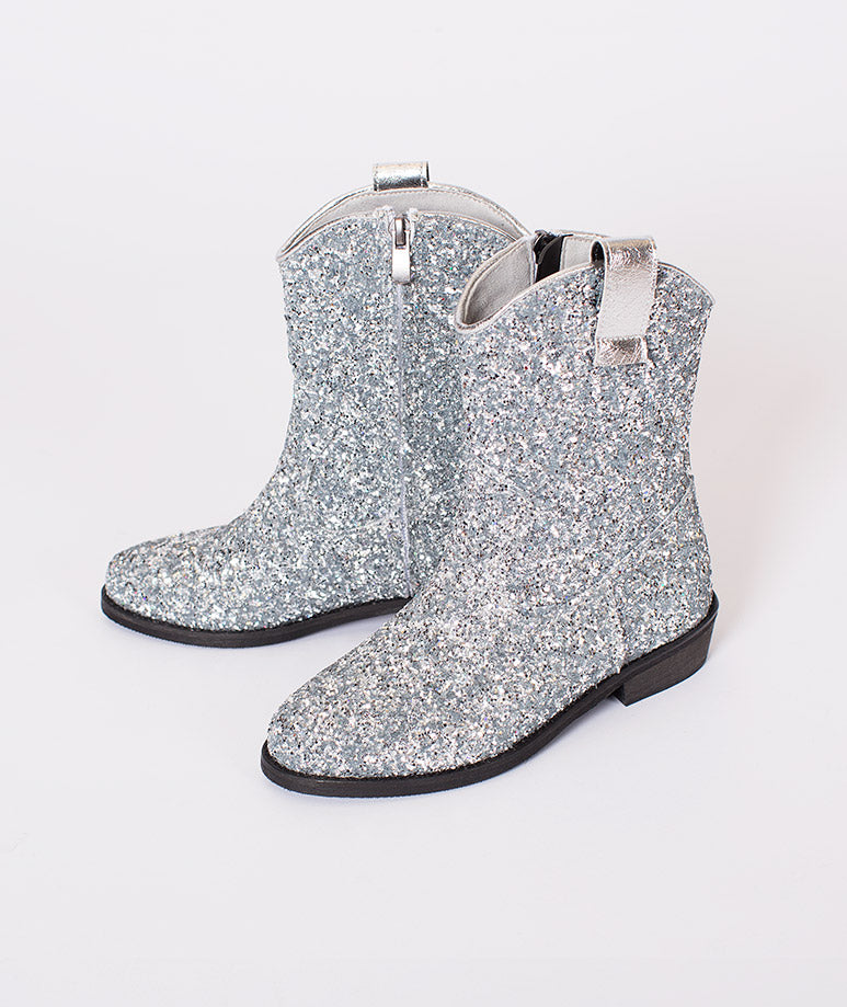 Product Image of Kids Silver Glitter Cowboy Boots #1