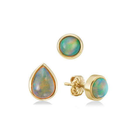 Pear and round opal stud earrings in 14k yellow gold.