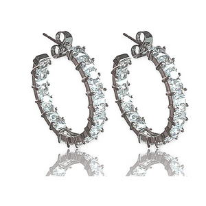 Silver Hoop Earrings with Princess Cut White Diamond Cubic Zirconia