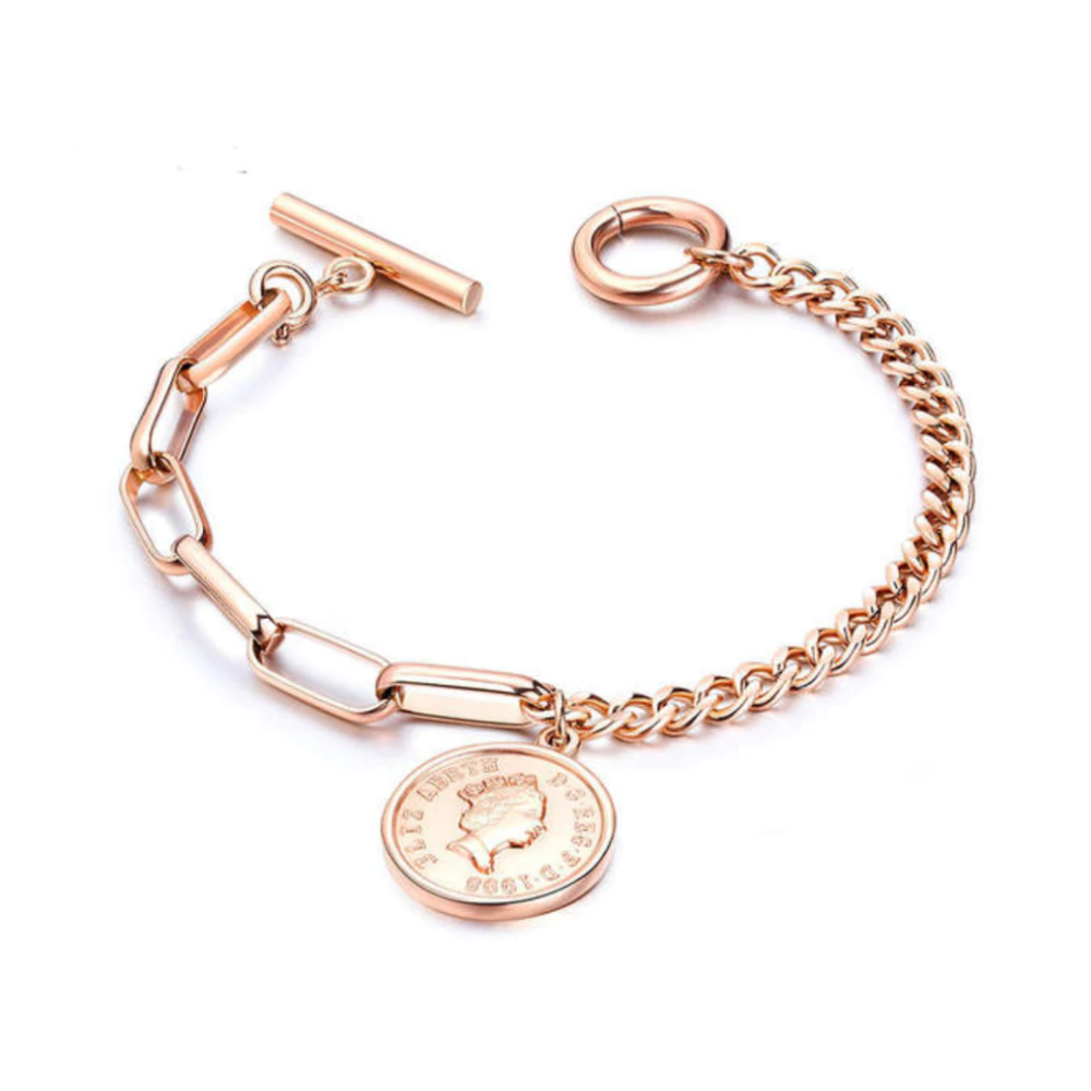 Rose Gold Link Bracelet with Coin Charm and Toggle Clasp